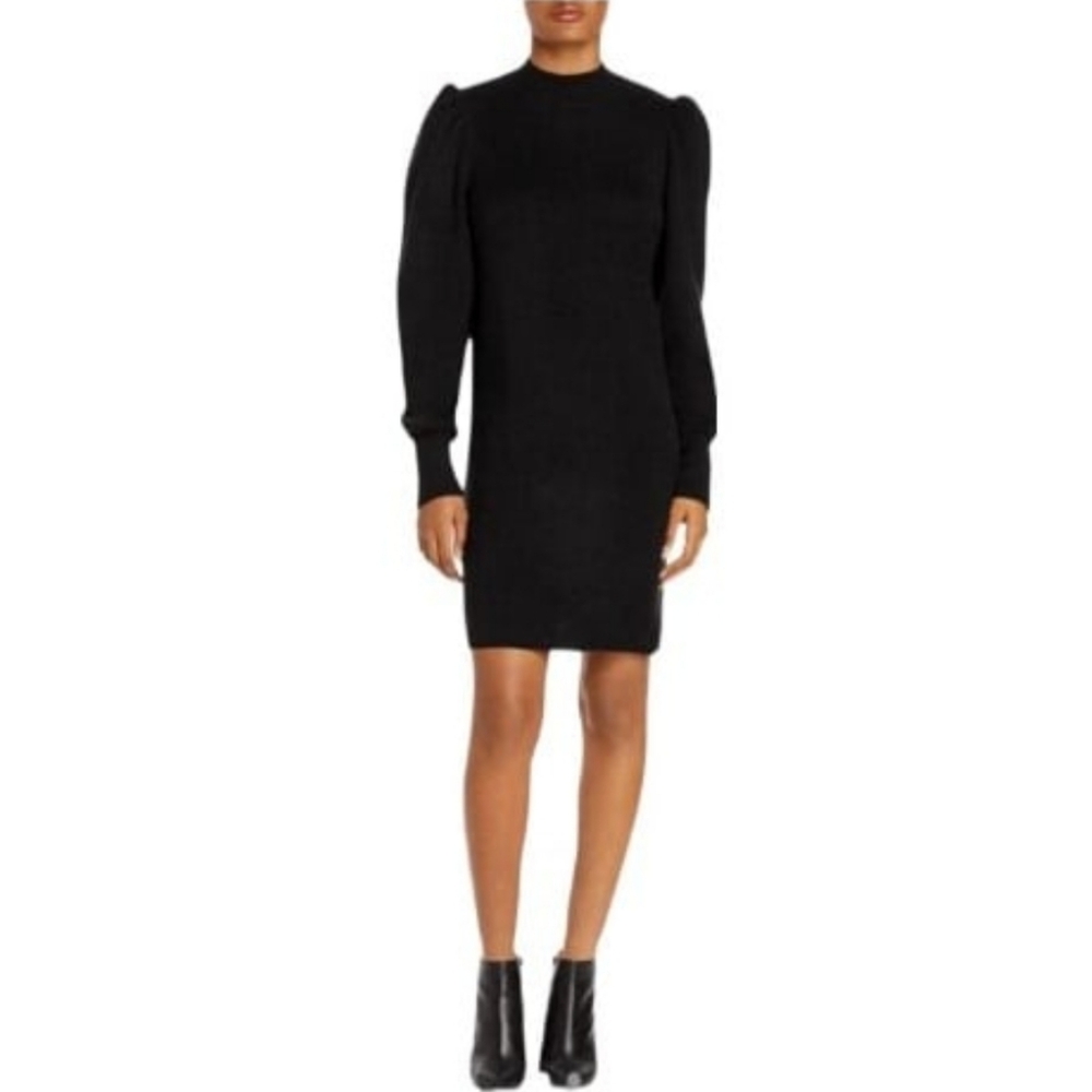 Wayf Black Lola Puff Sleeve Mock Neck Pullover Puff Sleeve Sweater Dress